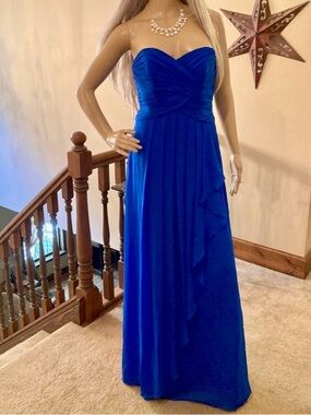 David's Bridal Strapless Cobalt Blue Pleated Evening Gown